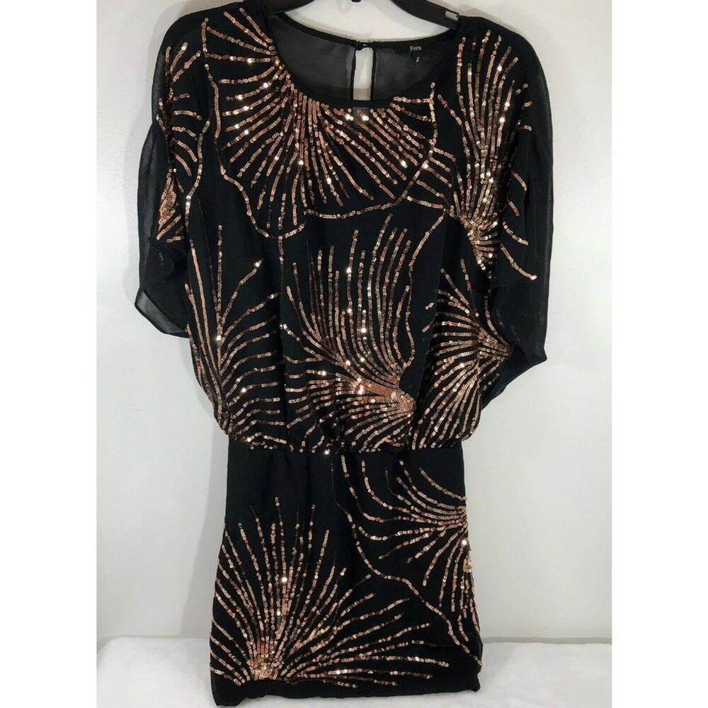 Fora Dress Black Rose Gold Sequins Sz S Batwing